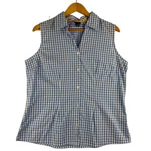 Basic Editions Sleeveless Button Up Blouse Women Large Gingham Plaid Blue Picnic